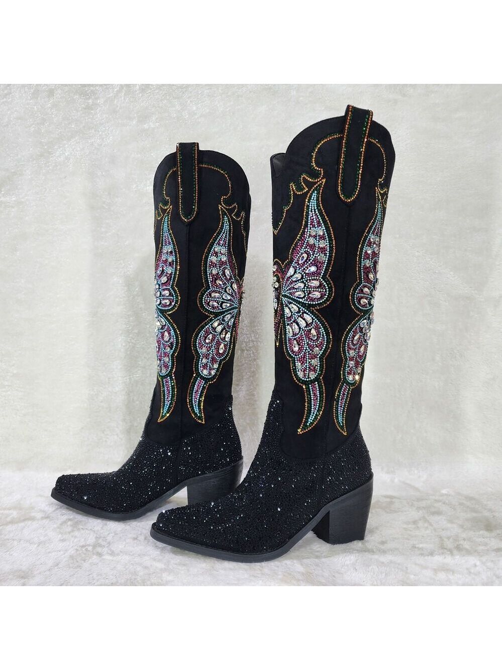 NIB Fantasy Rider Country Western Cowgirl Knee Boots Rhinestones Black Butterfly